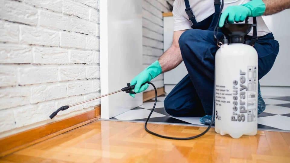 man spraying baseboard in house.