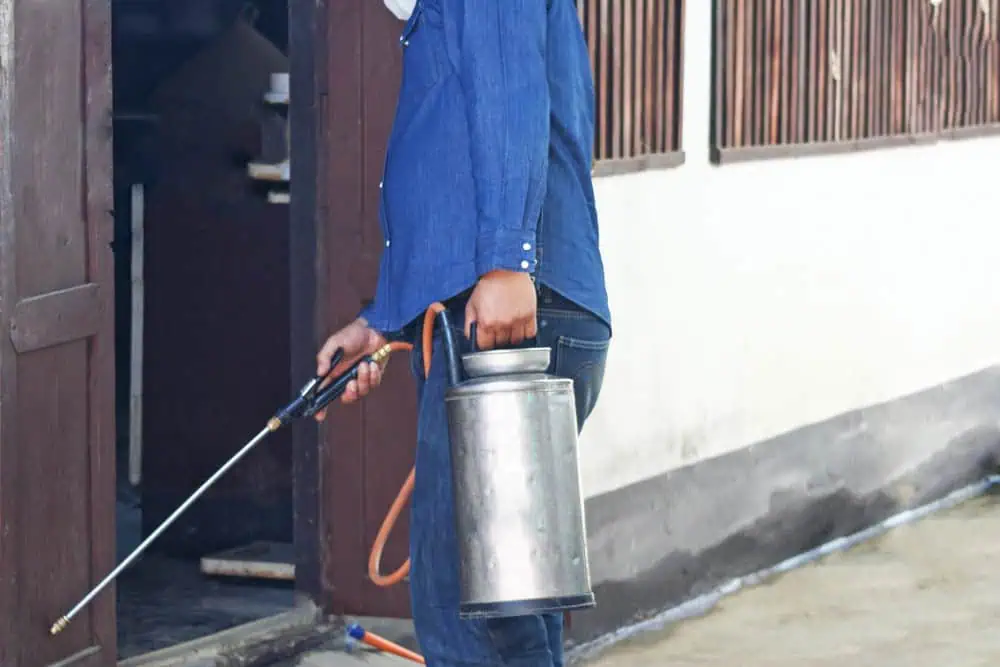 A person in a blue denim shirt holds a metal sprayer in one hand and a spray wand in the other, standing near an open wooden door. The wall is white, and the ground is concrete. The scene suggests pest control or cleaning activity.
